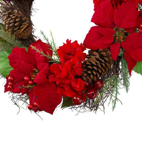 Northlight Poinsettia and Hydrangea Artificial Christmas Wreath - 24" - Unlit Red {4}