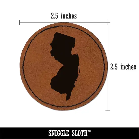 New Jersey State Silhouette Round Iron-On Engraved Faux Leather Patch Applique - 2.5" Brown {2}