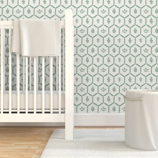 Pre-Pasted Wallpaper 2FT Wide Farmhouse Chic Cottagecore Green Botanical Clover Leaves Vine Thistle Hexagons Custom Pre-pasted Wallpaper by Spoonflower {7}