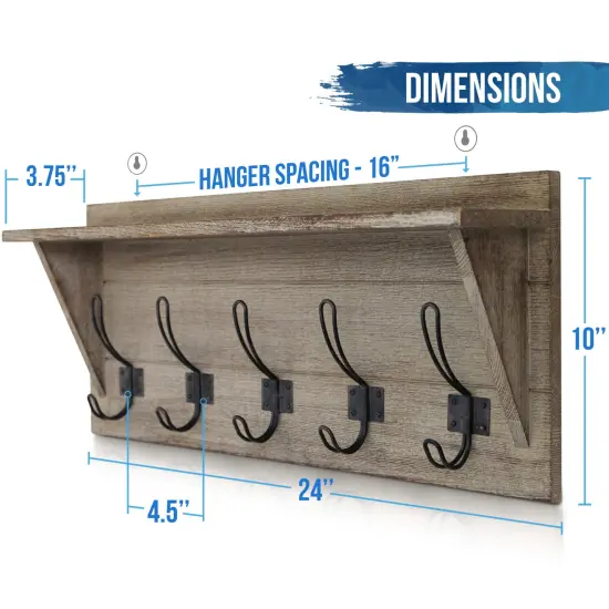 HBCY Creations Rustic Wall Mounted Coat Rack Shelf - Wooden Country Style 24" Entryway Shelf with Hooks - Solid Pine Wood - For Entryway, Kitchen, Bathroom Solid White {8}
