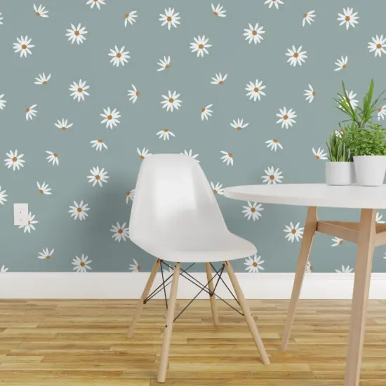 Peel & Stick Wallpaper 2FT Wide Dusty Blue Floral Ditsy Coneflower White Flowers Small Scale Boho Kids Whimsical Meadow Custom Removable Wallpaper by Spoonflower {1}