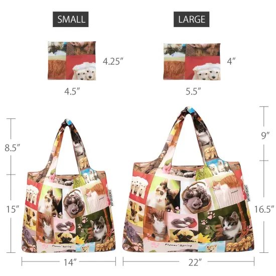 Wrapables Large & Small Foldable Tote Nylon Reusable Grocery Bags, Set of 2 Cats & Dogs {2}
