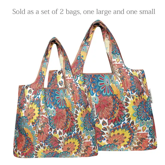 Wrapables Large & Small Foldable Tote Nylon Reusable Grocery Bags, Set of 2 Peacock {3}