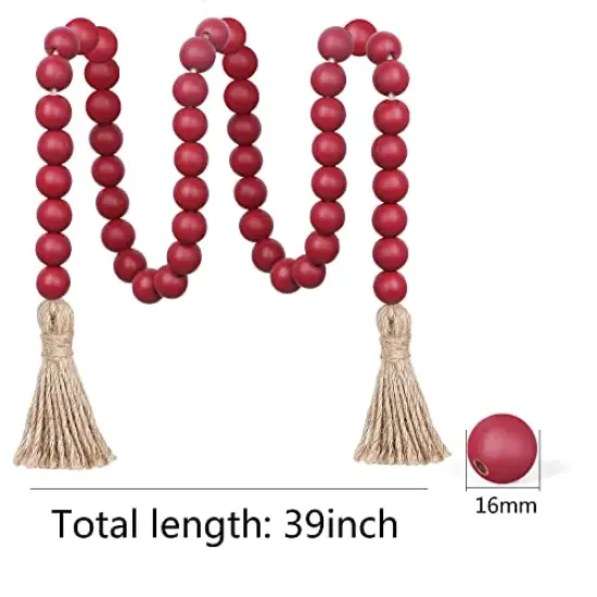 39 inches Wood Bead Garland Farmhouse with Tassels,Versatile Prayer Beads Boho Chic Wall Hanging Home Decor (Burgundy) {3}