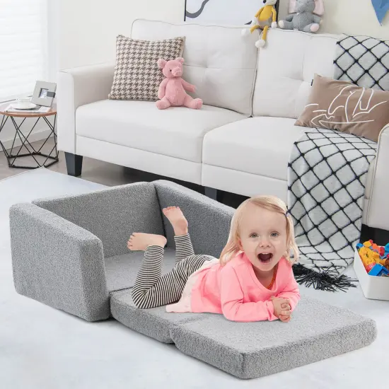Honeyjoy 2-in-1 Toddler Fold out Couch Children&rsquo;s Convertible Sofa to Lounger Grey {4}
