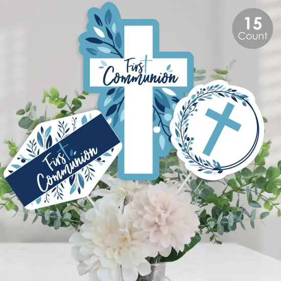 Big Dot of Happiness First Communion Blue Elegant Cross - Boy Religious Party Centerpiece Sticks - Table Toppers - Set of 15 {1}