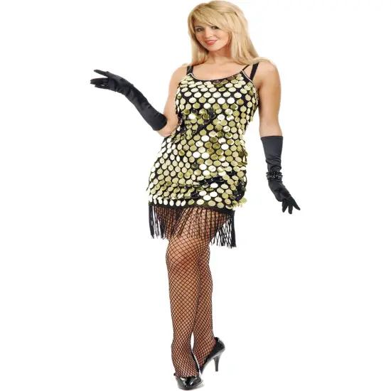 Adults Womens 20s Black Gold Flapper Girl Sequin Dress Costume {1}