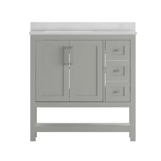 Merrick Lane Vigo Bathroom Vanity with Ceramic Sink, Carrara Marble Finish Countertop, Storage Cabinet with Soft Close Doors, Open Shelf and 3 Drawers {3}
