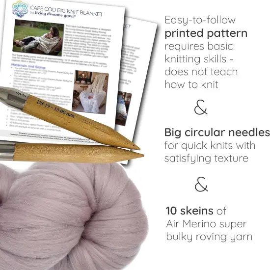 DIY Merino Wool Blanket Knitting Kit: Soft and Thick #7 Weight Jumbo Yarn, Knitting Needles and Pattern. Soft, Cozy, Great for Gifts Mink {2}