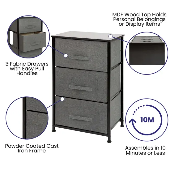 Emma and Oliver 3 Drawer Vertical Storage Dresser with Wood Top & Fabric Pull Drawers Black/Gray {2}