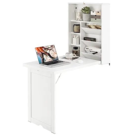 Wall Mounted Fold-Out Convertible Floating Desk Space Saver White {1}