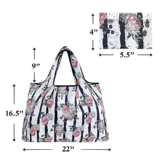 Large Foldable Tote Nylon Reusable Grocery Bags, Rose & Stripes {1}