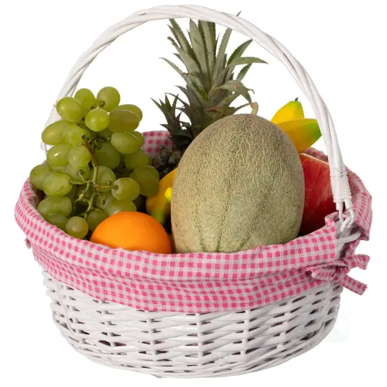 Traditional White Round Willow Gift Basket with Gingham Liner and Sturdy Foldable Handles, Food Snacks Storage Basket {6}