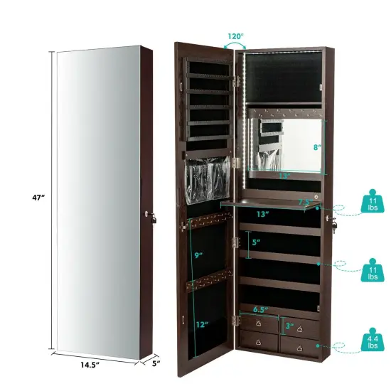 Multipurpose Storage Jewelry Cabinet with 4 Drawers and Full-length Mirror Brown {5}