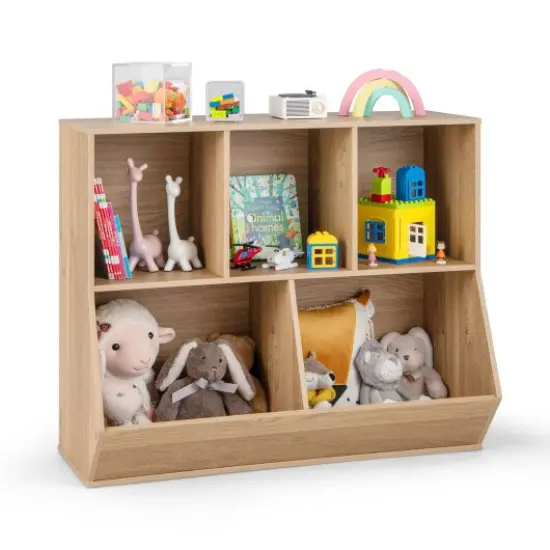 5-Cube Wooden Kids Bookshelf Organizer with 3 Upper Cubes for Books and 2 Large Cubes for Toys Natural {1}