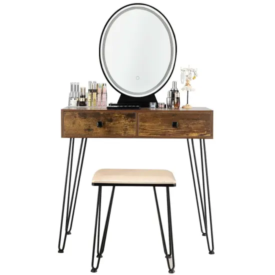 Makeup Dressing Table Included Soft Cushion Seat Stool with 3 Lighting Modes and 2 Large Drawers Rustic Brown {4}