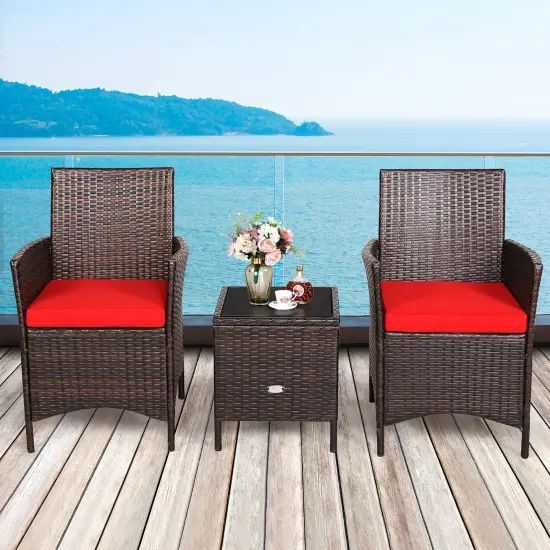 Costway 3PCS Patio Rattan Furniture Set Cushioned Sofa Glass Tabletop Deck Red\Blue\ White {7}