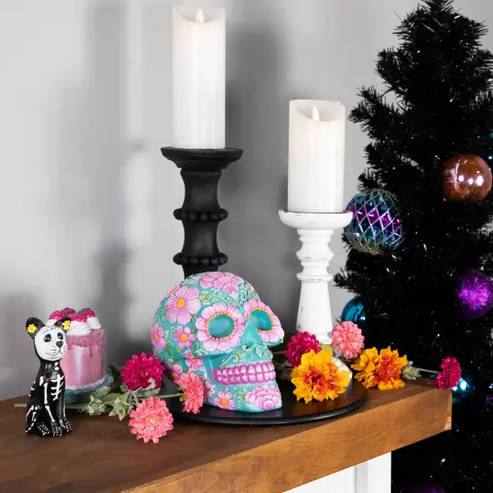 Northlight Day of the Dead Skull Coin Bank - 7.75" - Teal Blue and Pink {3}