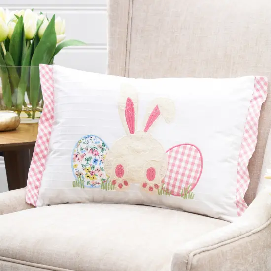 Happy Bunny Eggs Embroidered Spring Easter Themed Accent Pillow, 13" x 18" {3}