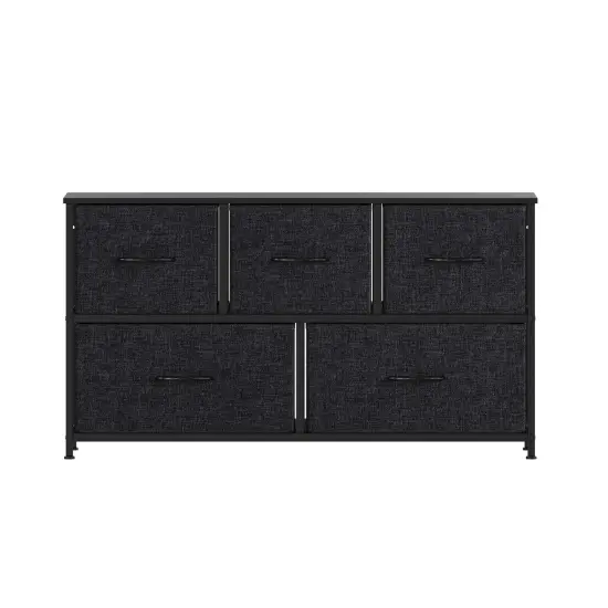 Emma and Oliver Marley 5 Drawer Storage Dresser with Cast Iron Frame, Wood Top and Easy Pull Fabric Drawers with Wooden Handles BlackDrawer/Black {3}