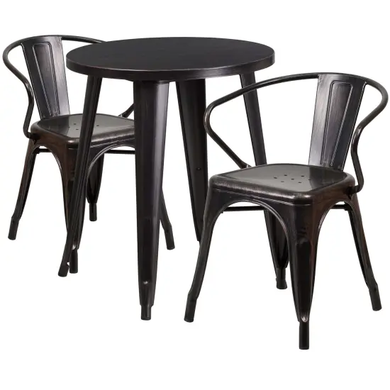 Emma and Oliver Commercial Grade 24" Round Metal Indoor-Outdoor Table Set with 2 Arm Chairs Black-Antique Gold {1}