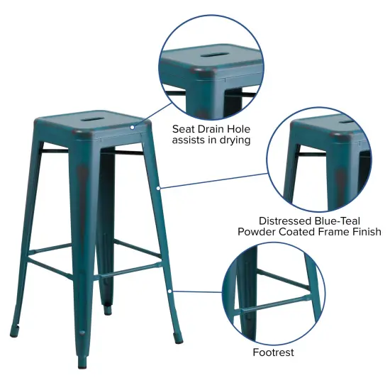 Merrick Lane Elba Series Metal Stool with Powder Coated Finish and Integrated Floor Glides Kelly Blue-Teal {4}
