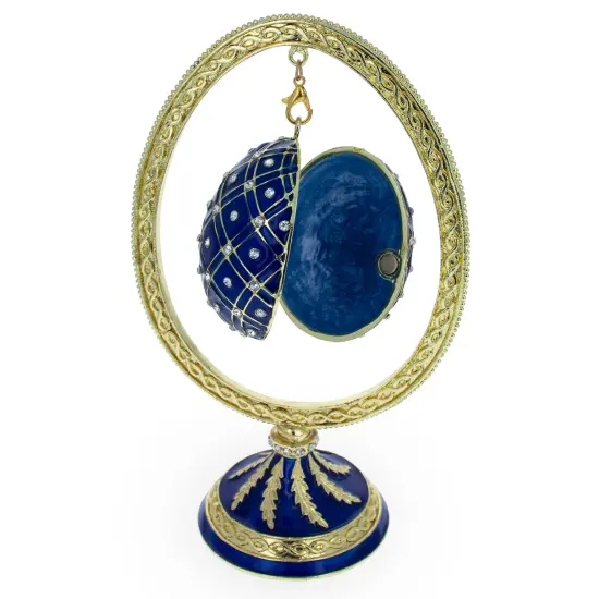 Blue Enamel Jeweled Easter Egg in the Egg Shaped Display Holder Figurine {3}