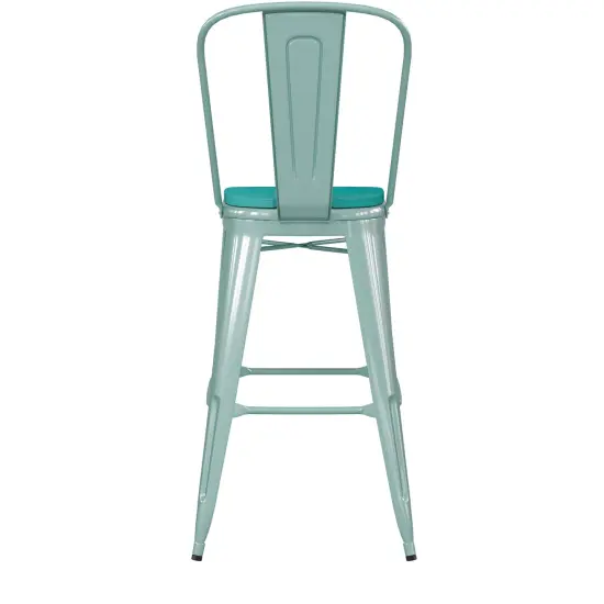 Emma and Oliver Nova Distressed Metal Stools with Backs and Polystyrene Seats for Indoor/Outdoor Use MintGreen/MintGreen {4}