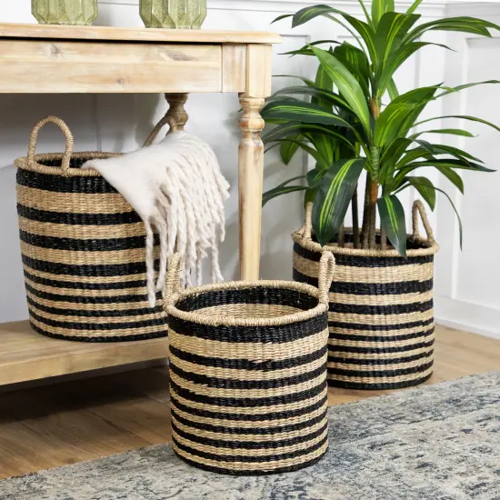 Northlight Set of 3 Khaki and Black Woven Seagrass Striped Storage Baskets with Handles 15.25" Beige {3}