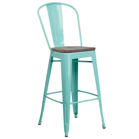 Merrick Lane Sarah 30" Metal Indoor-Outdoor Counter Stool with Vertical Slat Back, Integrated Footrest and Wood Seat Copper {5}