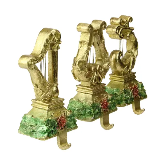 Northlight Glittered Harp Christmas Stocking Holders - 7" - Gold Finish - Set of 3 {5}