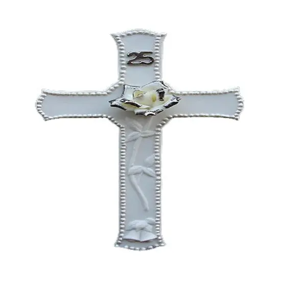 Roman 25th Silver Wedding Anniversary Porcelain Wall Cross - 8" {1}