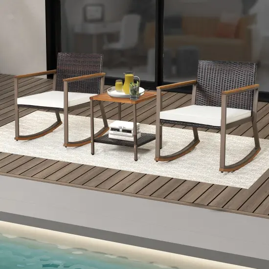 3 Pieces Rattan Rocking Bistro Set with Coffee Table and Cushions-Off White {2}