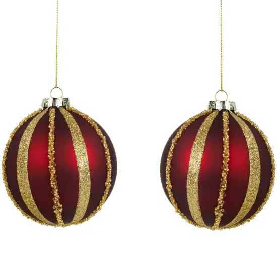 Northlight Beaded Stripes Christmas Glass Ball Ornaments - 4" - Burgundy and Gold - Set of 2 Red {1}