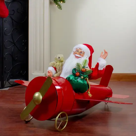 Northlight 32" Waving Santa Delivering Presents on a Plane Christmas Decoration Red {3}