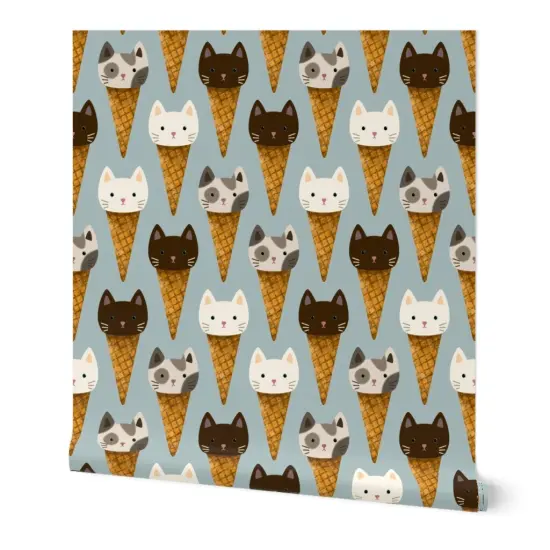 Peel & Stick Wallpaper 2FT Wide Whimsical Cats Ice Cream Cute Kittens Cone Kids Blue Sweet Food Animals Custom Removable Wallpaper by Spoonflower {7}