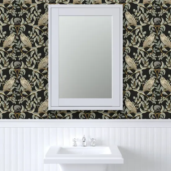 Peel & Stick Wallpaper 2FT Wide Little Owl Damask William Morris Farmhouse Arts And Crafts Birds Of Prey Soft Green Transitional Climbing Vines Custom Removable Wallpaper by Spoonflower {6}