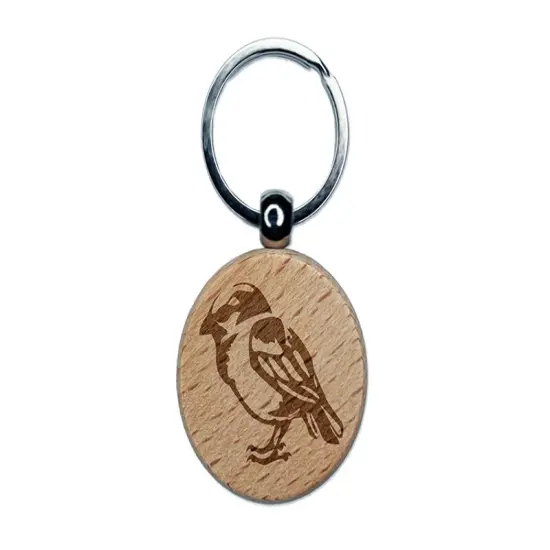 House Sparrow Little Bird Standing Engraved Wood Round Keychain Tag Charm {1}
