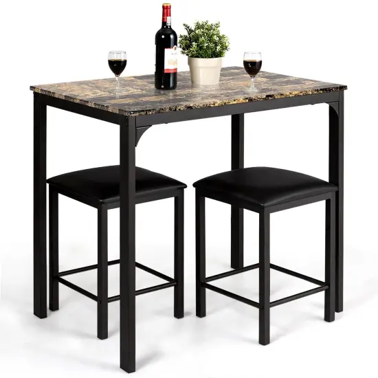 3 Piece Counter Height Dining Set Faux Marble Table Brown {4}