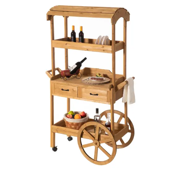 Large Wooden Display Rolling Table with Drawers and Wheels 3 Tier for Display, Modern Wood Wagon with Shelves for Food and More {1}