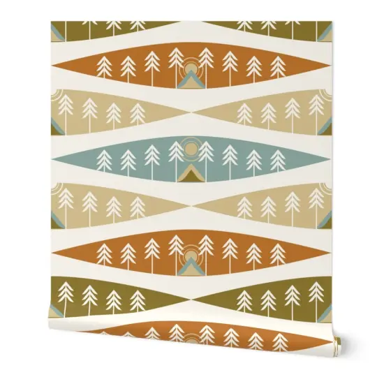 Peel & Stick Wallpaper 2FT Wide Camping Earth Tones Adventure Exploration Great Outdoors Tents Trees Nature Sunrise Sunset Red Beige Cozy Hygge Custom Removable Wallpaper by Spoonflower {7}