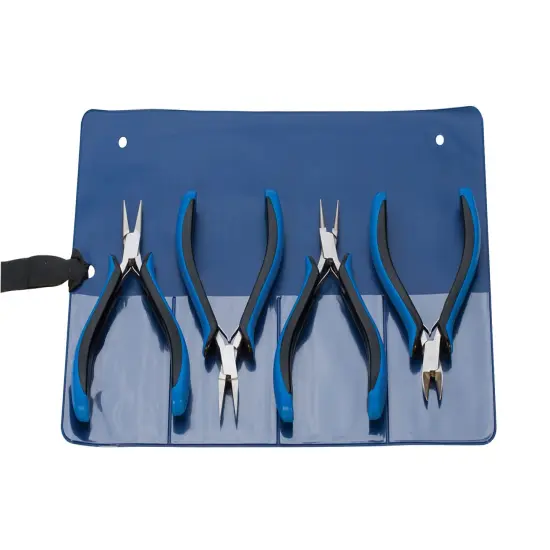 5" 4 Piece Ecco Ergonomic Plier Set with Flat Round Chain Nose Side Cutters Jewelry Making Tool Kit with Pouch {1}