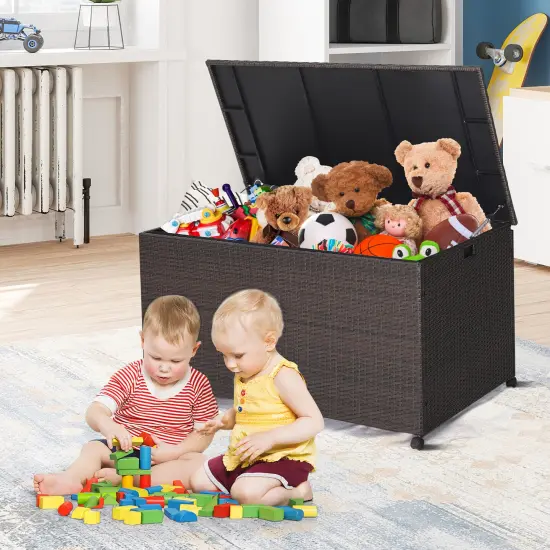 Costway 133 Gallon Patio Rattan Storage Deck Box Container Wheel Handle W/Liner {5}