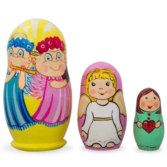Set of 3 Guardian Angels with Flute, Heart Wooden Nesting Dolls 4.25 Inches {1}