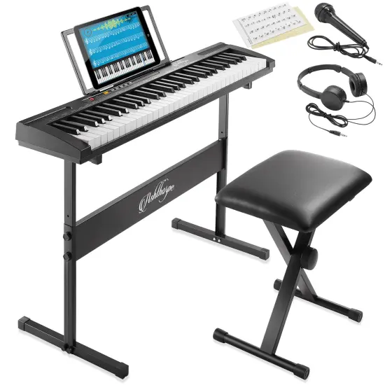 Ashthorpe 61-Key Digital Electronic Keyboard Piano for Beginners, Includes Stand, Bench, Headphones, Mic and Keynote Stickers {1}