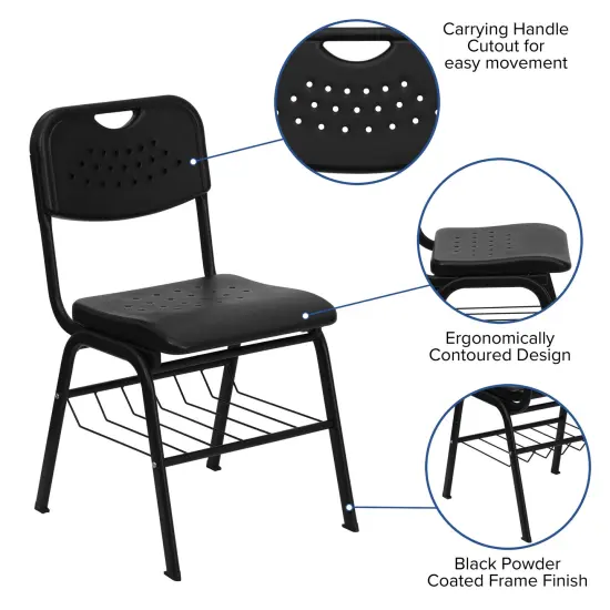Emma and Oliver 880 lb. Capacity Plastic Chair with Book Basket Black {3}