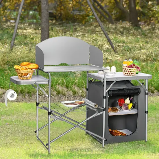 Fold-able Outdoor BBQ Portable Grilling Table With Windscreen Bag Grey {3}