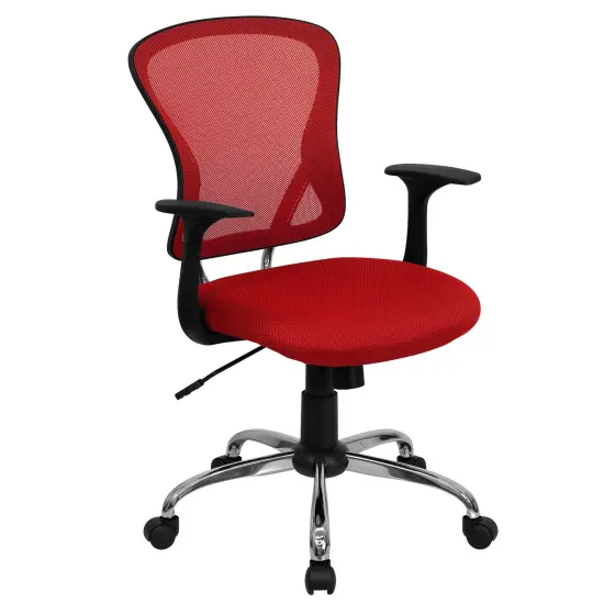 Emma and Oliver Mid-Back Mesh Swivel Task Office Chair with Chrome Base and Arms Red {1}