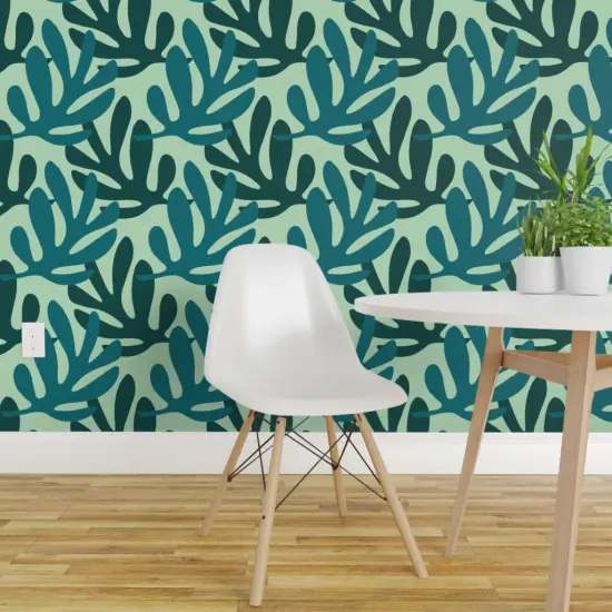 Pre-Pasted Wallpaper 2FT Wide Leaves Silhouette Green Monochrome Plant Botanical Nature Custom Pre-pasted Wallpaper by Spoonflower {1}