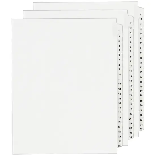 Avery Legal ExhibitUnpunched Dividers for Use with Any Binding System, Collated 1-25, 25 Side Tab Dividers Per Set, Helvetica Bold Type, 3 Sets (21860) {1}